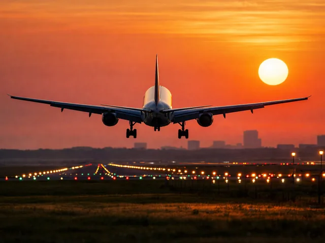 An airliner on final approach over the runway lights at sunset